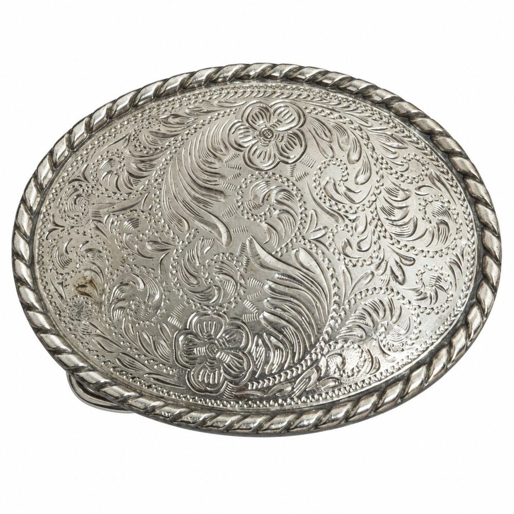 IVAN Silver Tone Western Belt Buckle Floral Scroll Oval Rope Edge Cowboy